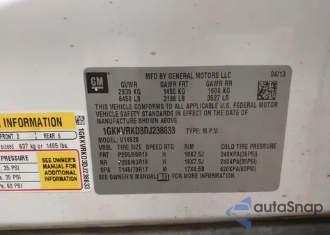 2013 GMC Acadia Slt-1 из США, поврежденный, VIN 1GKKVRKD3DJ238833